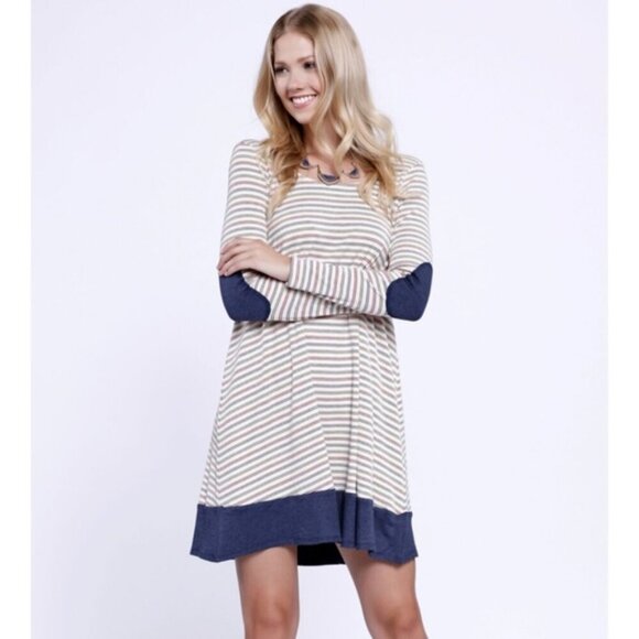 Anthropologie Puella Striped Swing Dress Long Sleeve Elbow Patch Multicolor M - Picture 1 of 13